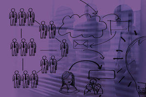 Management diagrams over a picture of people in the workplace