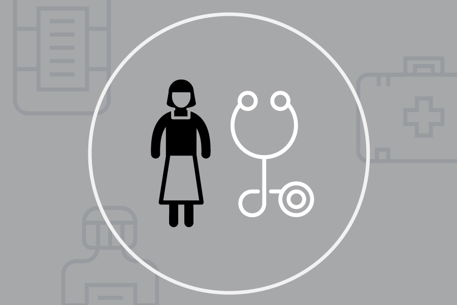 A cartoon image of a person is standing beside a stethoscope. A white line encircles both figures while medical equipment is drawn in the grey background.