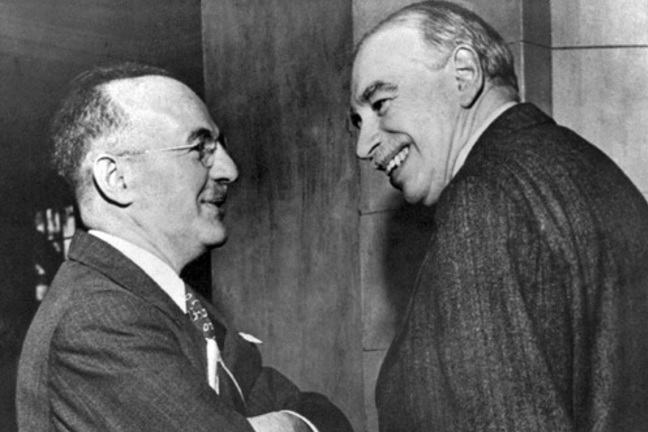 Assistant Secretary, U.S. Treasury, Harry Dexter White (left) and John Maynard Keynes, honorary advisor to the U.K. Treasury at the inaugural meeting of the International Monetary Fund's Board of Governors in Savannah, Georgia, U.S., March 8, 1946.