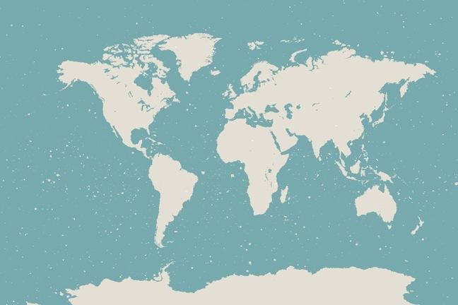 Sketch of a world map, white on light blue background.