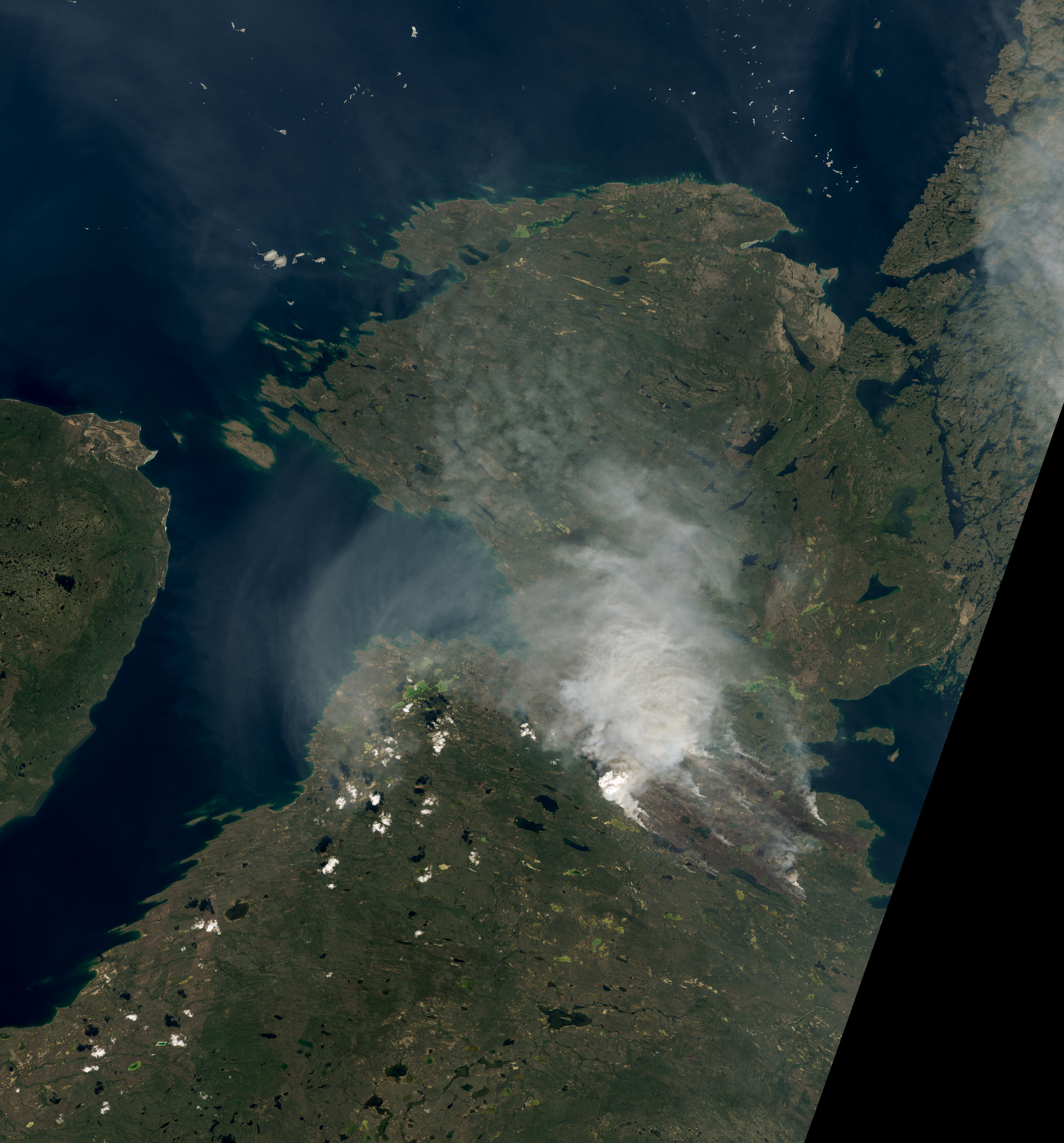 Satellite image showing parts of northern Canada covered in smoke