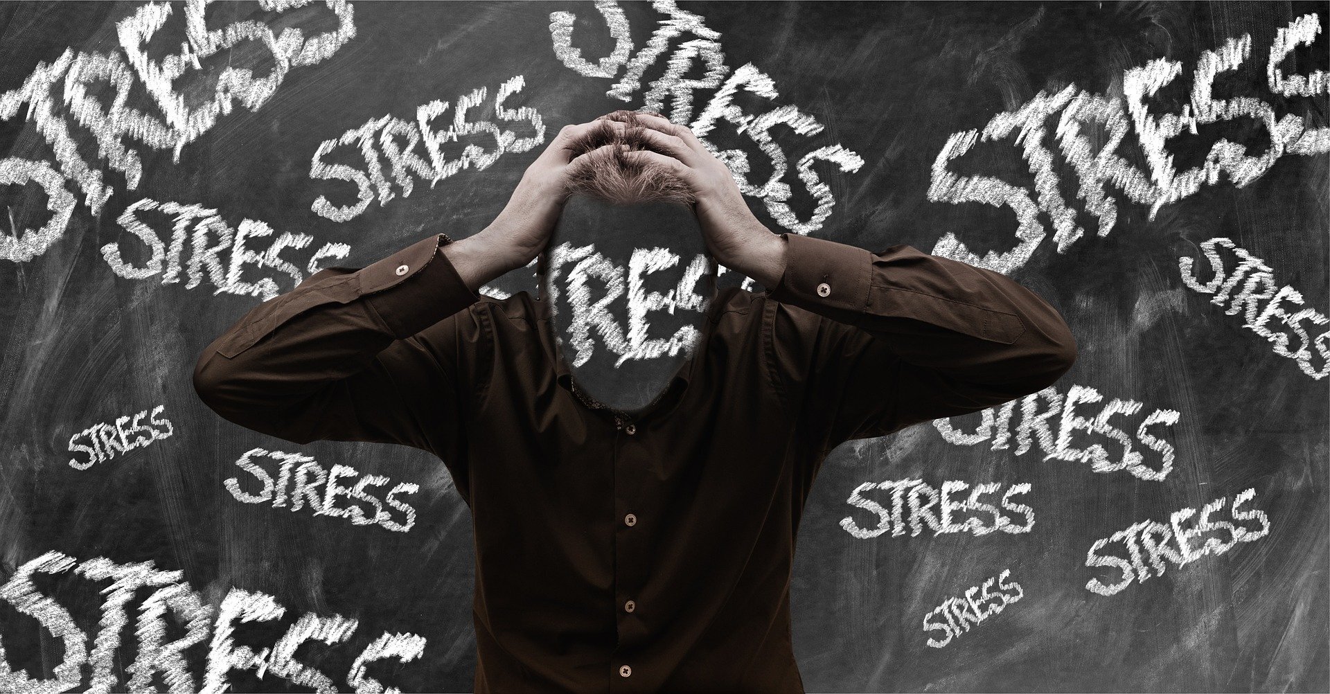 Person in front of chalkboard holding head in hands with the word 'stress' written all over the board.