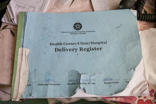 Image of a health center delivery register in Ethiopia.