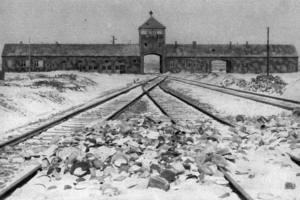 A black and white photograph of Auschwitz