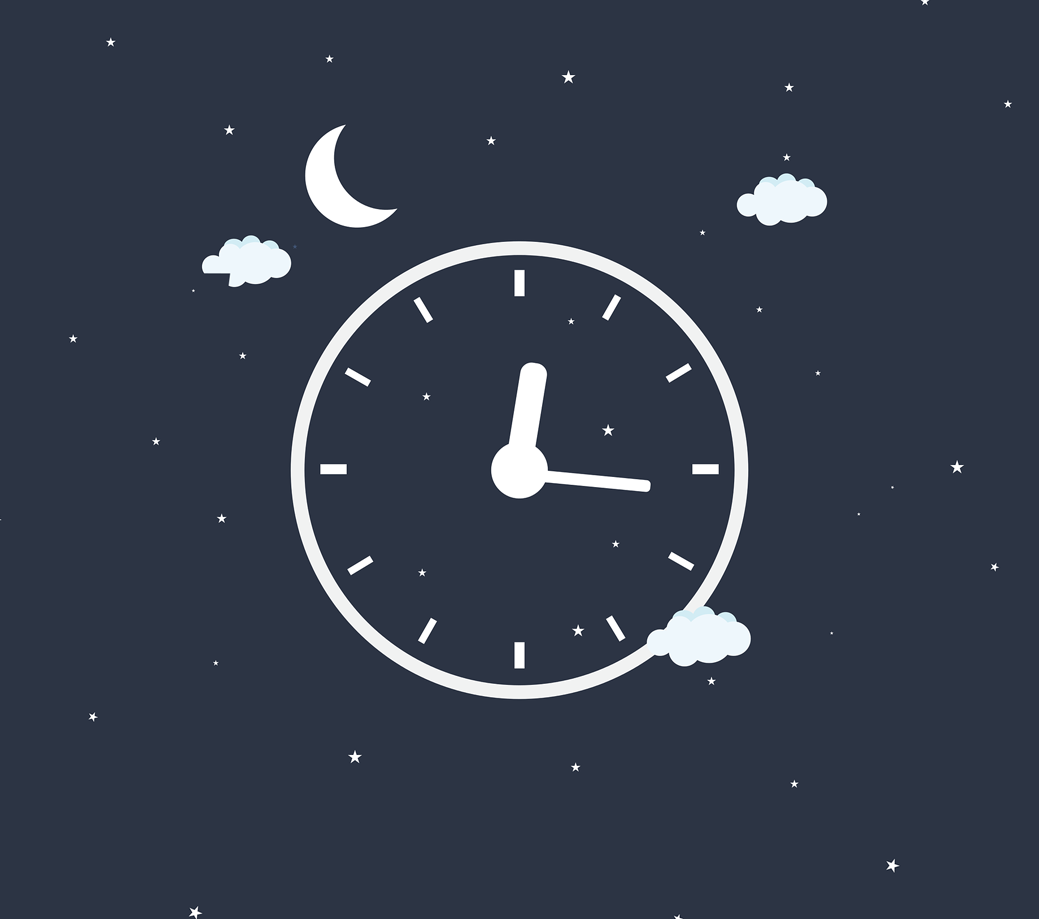 A dark blue background with white little stars. A clock is in the middle showing the time 12:15 am.