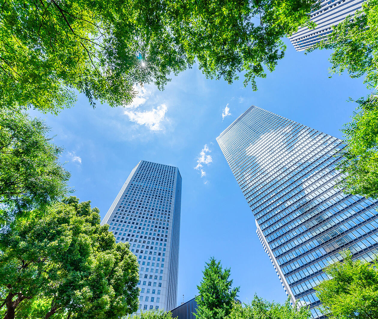 Looking up at a blue sky with skyscrapers and trees in shot.