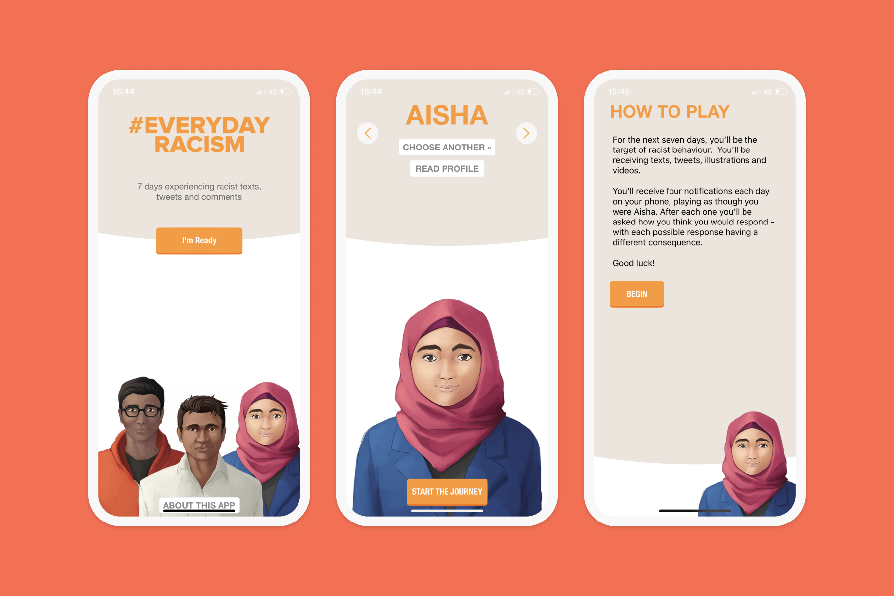 A set of 3 screenshots from the everyday racism app. The first one depicts the welcome screen of the app, the second where the user chooses their character, the third an image of the 