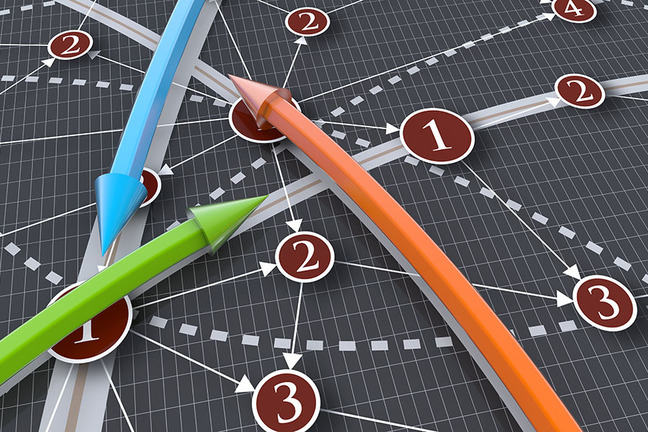 Colored arrows in a network with lines en dotted lines