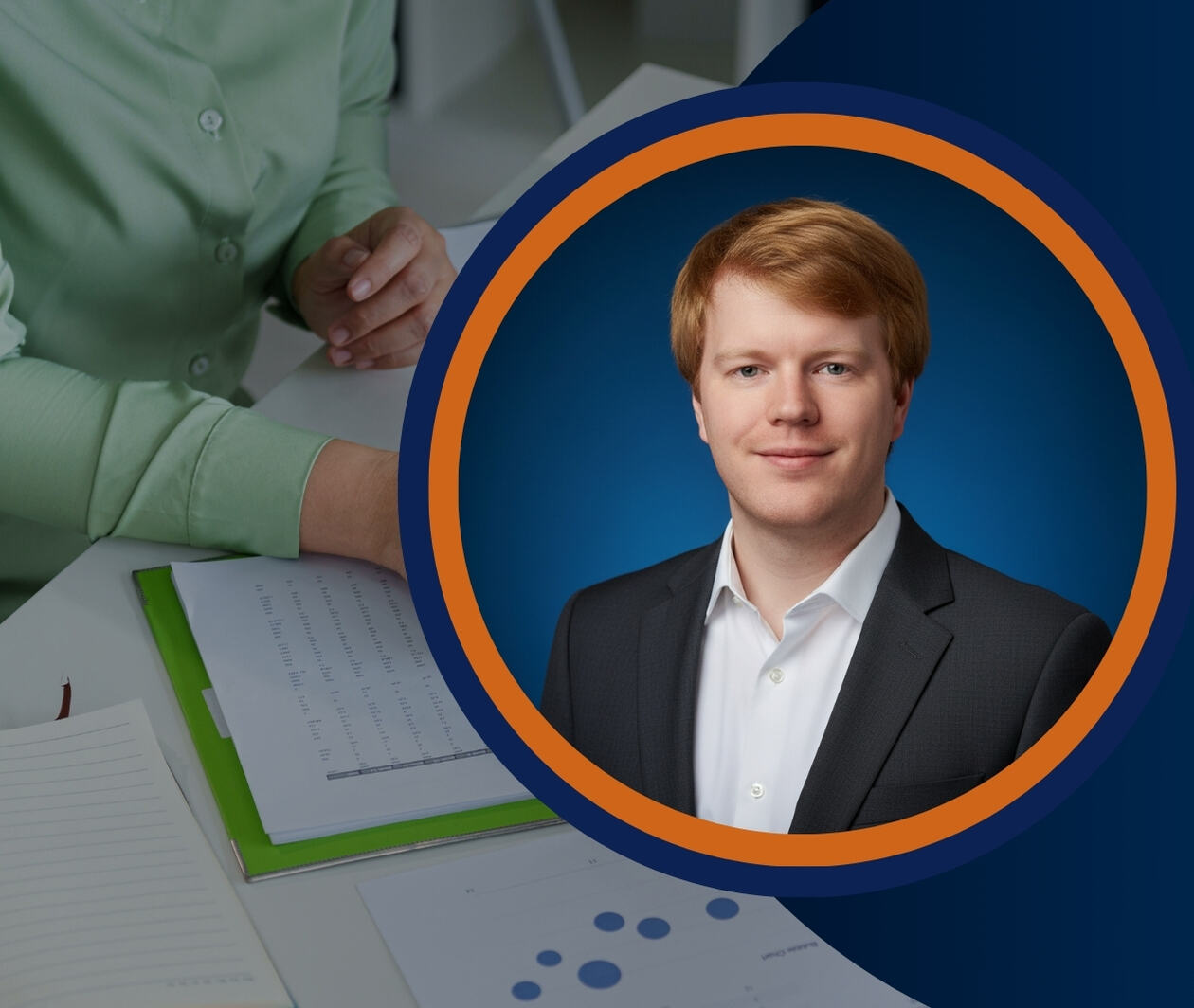 A professional analyzing financial documents, with an instructor's profile highlighting expertise in financial ratios and performance evaluation.