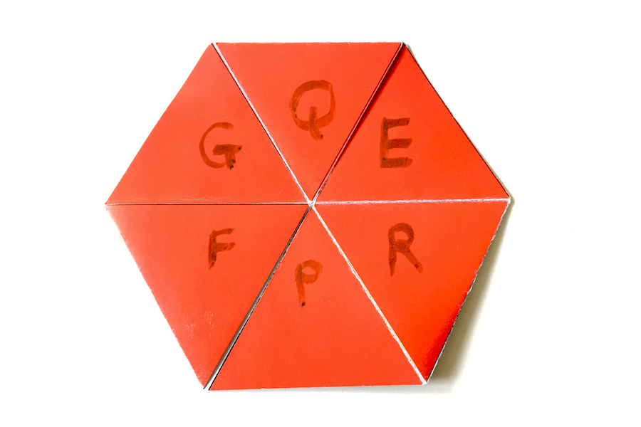 Tri hexa flexagon with the letters G,Q,E,R,P,F on the face