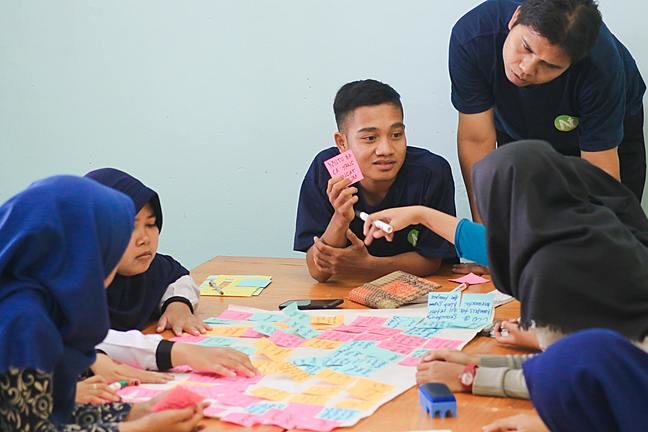 team working at table with post it notes