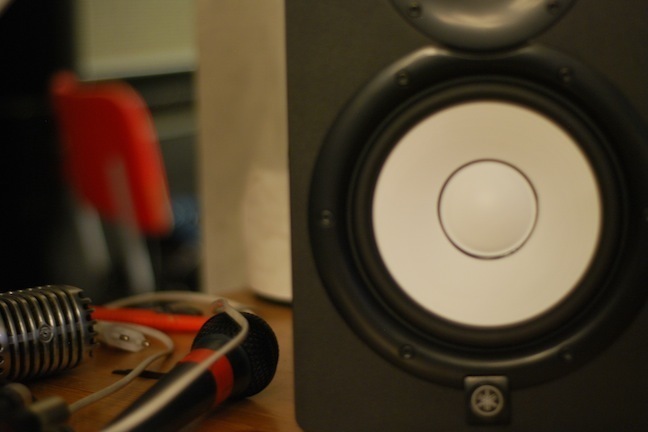 A black speaker with a white cone. To the left lies two microphones.