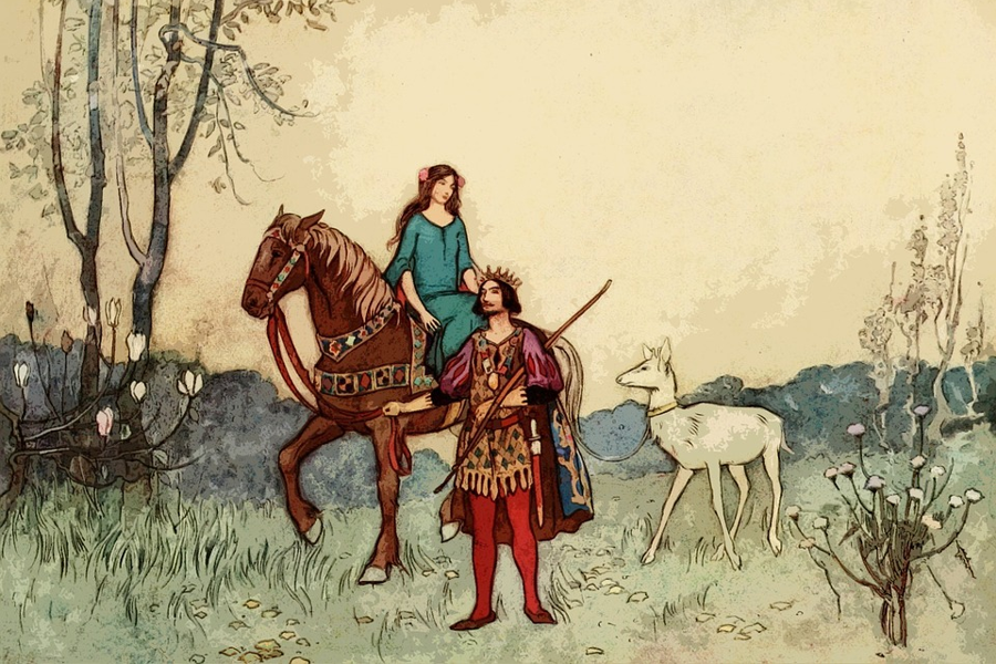 Illustration of a woman sidesaddle on a horse. A medieval king clutches the horse's reins, while the woman has a white hart on a lead.