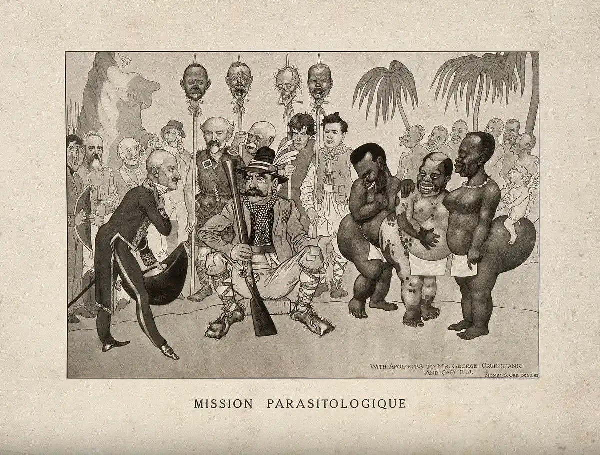 Image of a racist caricature of european scientists visiting Africa