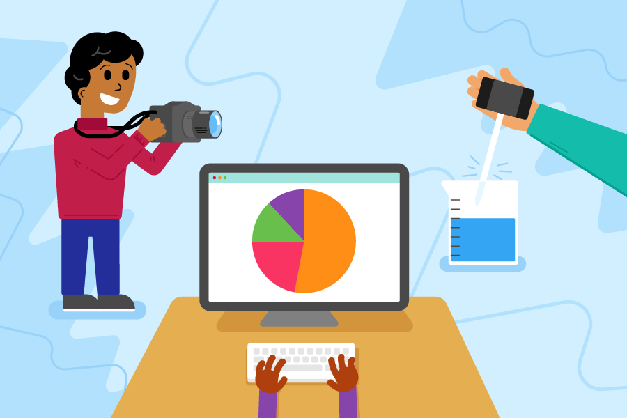 An image representing a variety of cross curricular computing linked activities, including a child a child taking a digital photograph, a child viewing a graph on a screen and a child using a sensor to measure the temperature of a liquid.