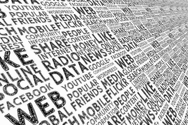 A word cloud listing media platforms: radio, web, YouTube, Facebook, LinkedIn, Flickr