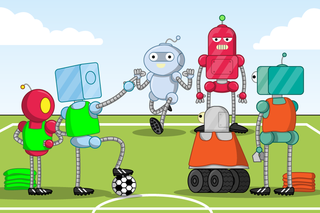 A robot in a green bib picks another robot to join their team. Another disgruntled robot stands next to the robot picked. The picking robot is next to another in a green bib. There are two robots in orange bibs off to the side.
