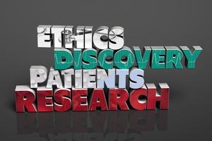 A graphic with the words: ethics, discovery, patients and research