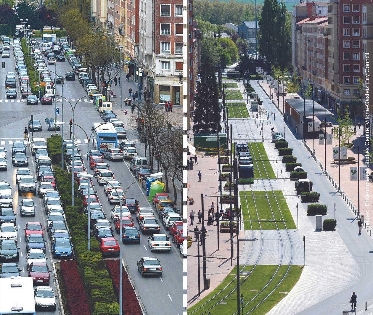 A photo showing a street in Vitoria-Gasteiz before and after changes to infrastructure to improve urban mobility. Images -  Environmental Studies Centre, Vitoria-Gasteiz City Council