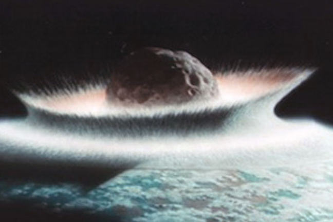 Grey background with circles with blue central circle showing impact