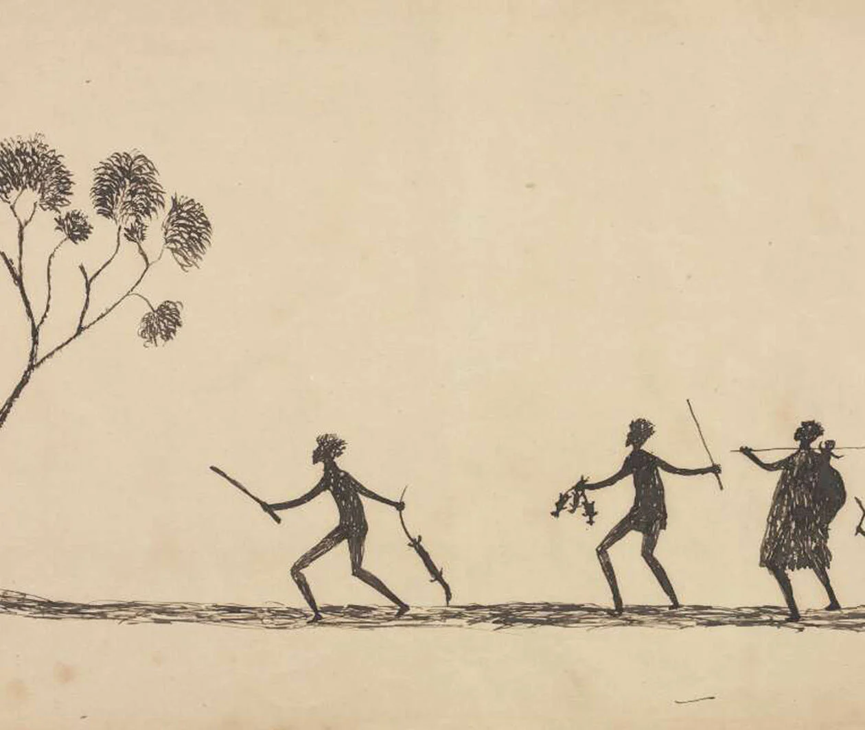 Aboriginal artwork of hunters catching a goanna