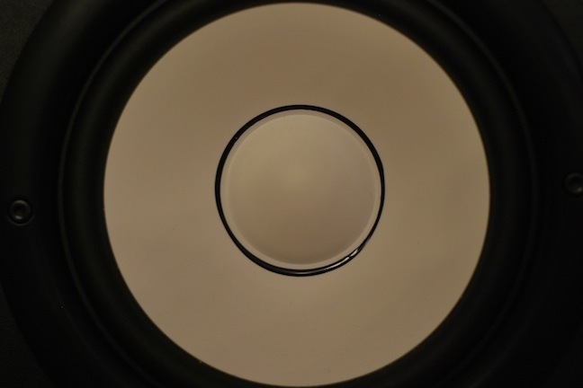 A close-up of a white speaker cone.