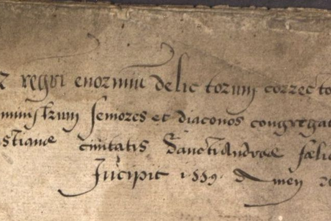 Old paper showing latin preamble in the minute book of St Andrews