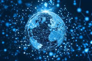 Planet Earth connected by an abstract communications network extending into space