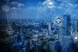 A city skyline with information symbols overlaid