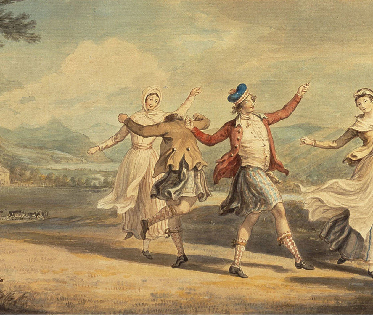 'A Highland Dance, painted in 1780 by Scottish Artist, David Allan. It shows HIghland society and culture at a time when the clans were disappearing as a form of social community   