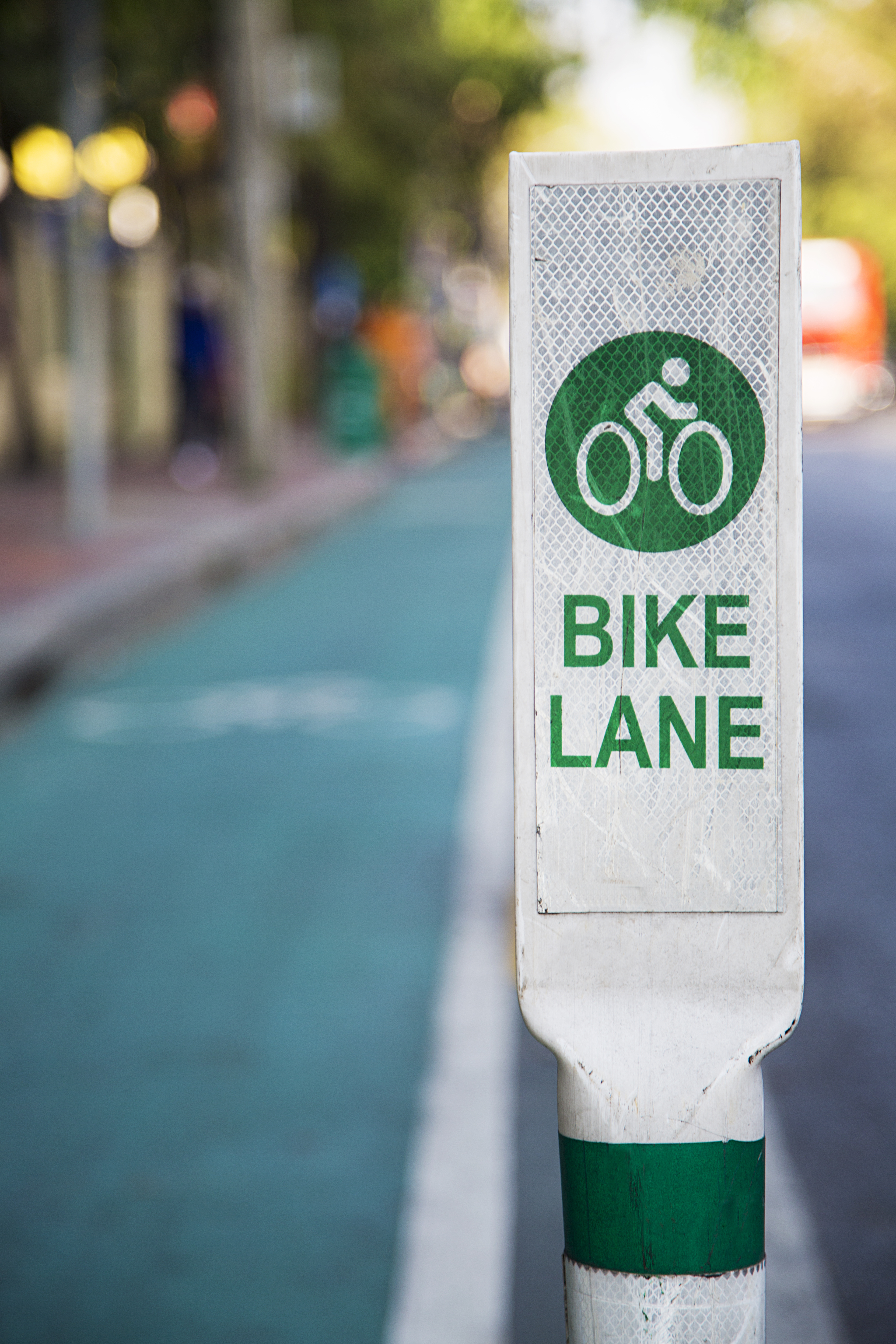 A sign on a pole. There is a green image of a person on a bike with the words “Bike Lane”.