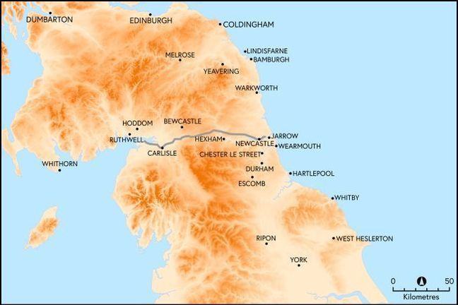 A map displaying the main settlements around the kingdom of Northumbria both to the north and south of Hadrian's Wall.