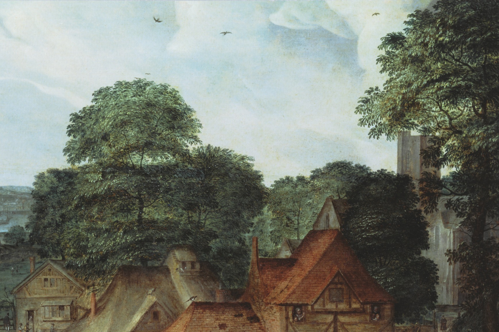 Detail of a painting of a Tudor Town showing houses, trees and a blue sky with birds