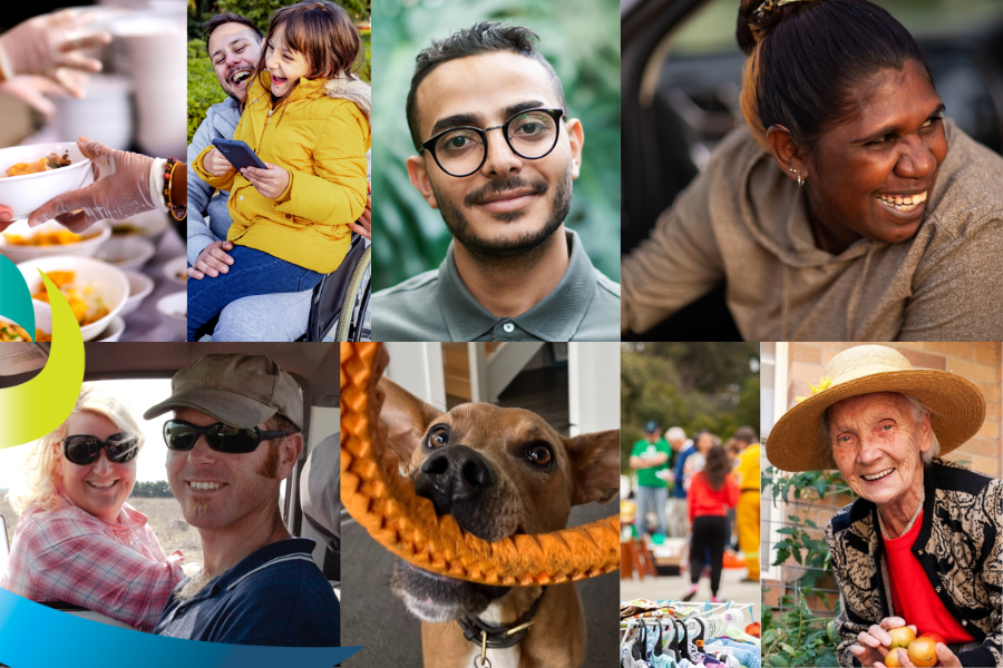 Collage of diverse Australian community: community market, older lady with hat gardening, Aboriginal woman laughing, young man with glasses and business shirt, dog with frisbee, dad in wheelchair with daughter on knee, hand giving free food.