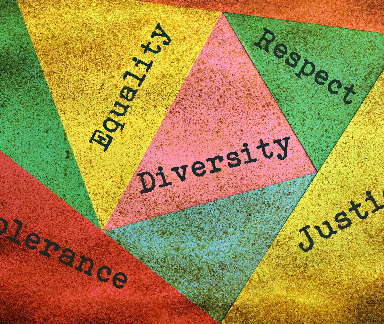 abstract image featuring phrases including 'equality', 'diversity', 'respect', 'tolerance' and 'justice'