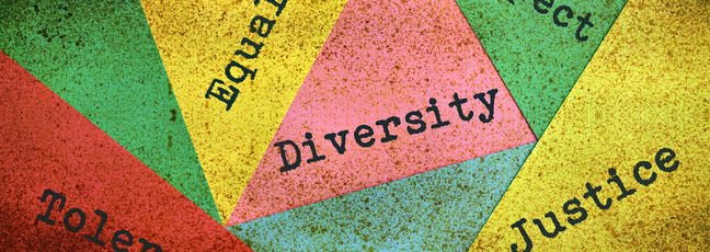 abstract image featuring phrases including 'equality', 'diversity', 'respect', 'tolerance' and 'justice'