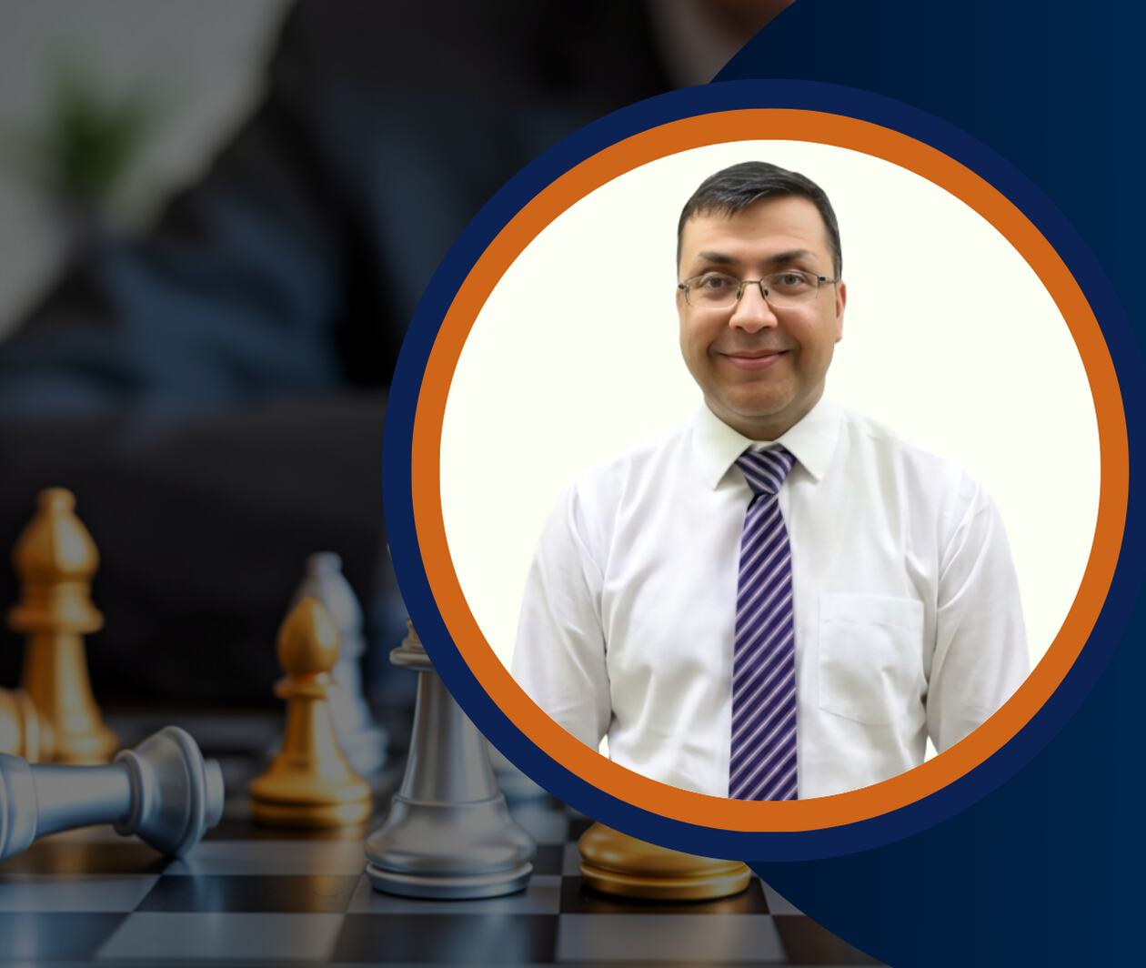Professional instructor in business attire standing in front of a strategic chessboard background, symbolizing cyber risk management, threat assessment, risk prioritization, cybersecurity strategy, governance, and enterprise risk decision-making.