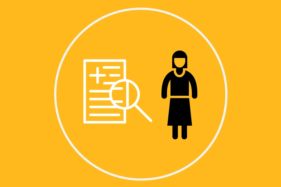 A cartoon image of a person is standing next to a research finding. A white line encircles both figures with a yellow background.