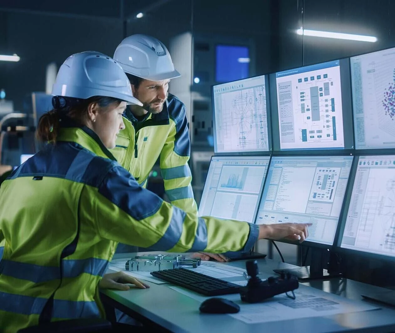 Two engineers is looking at computer screens.