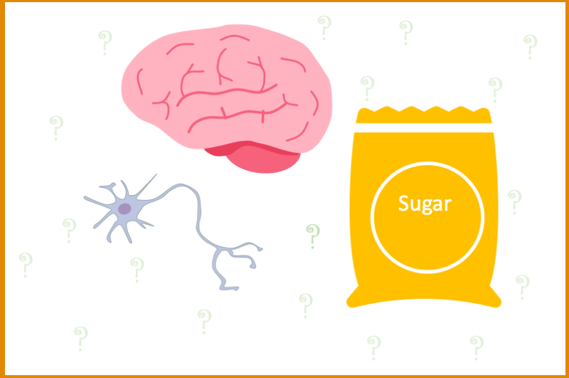 cartoon of a bag of sugar, brain and neuron