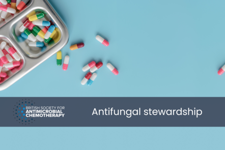 A selection of pills on a surface. Title text reads "antifungal stewardship".