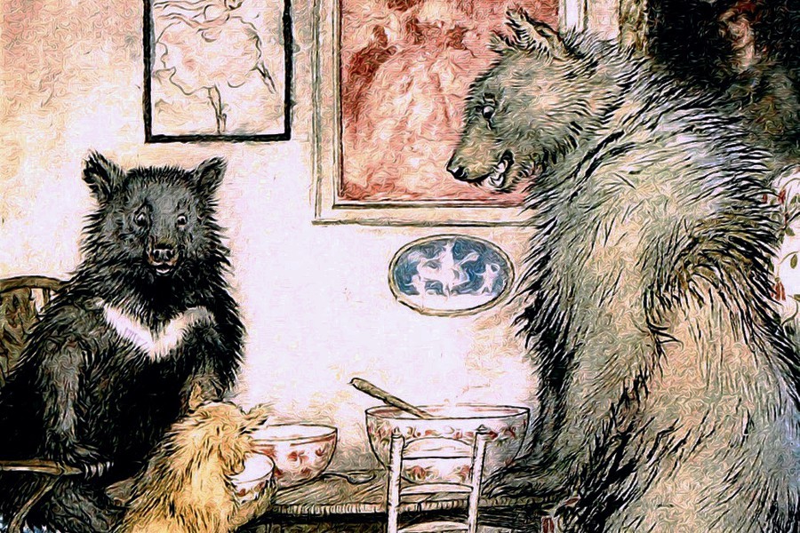 The three bears scrutinise their porridge