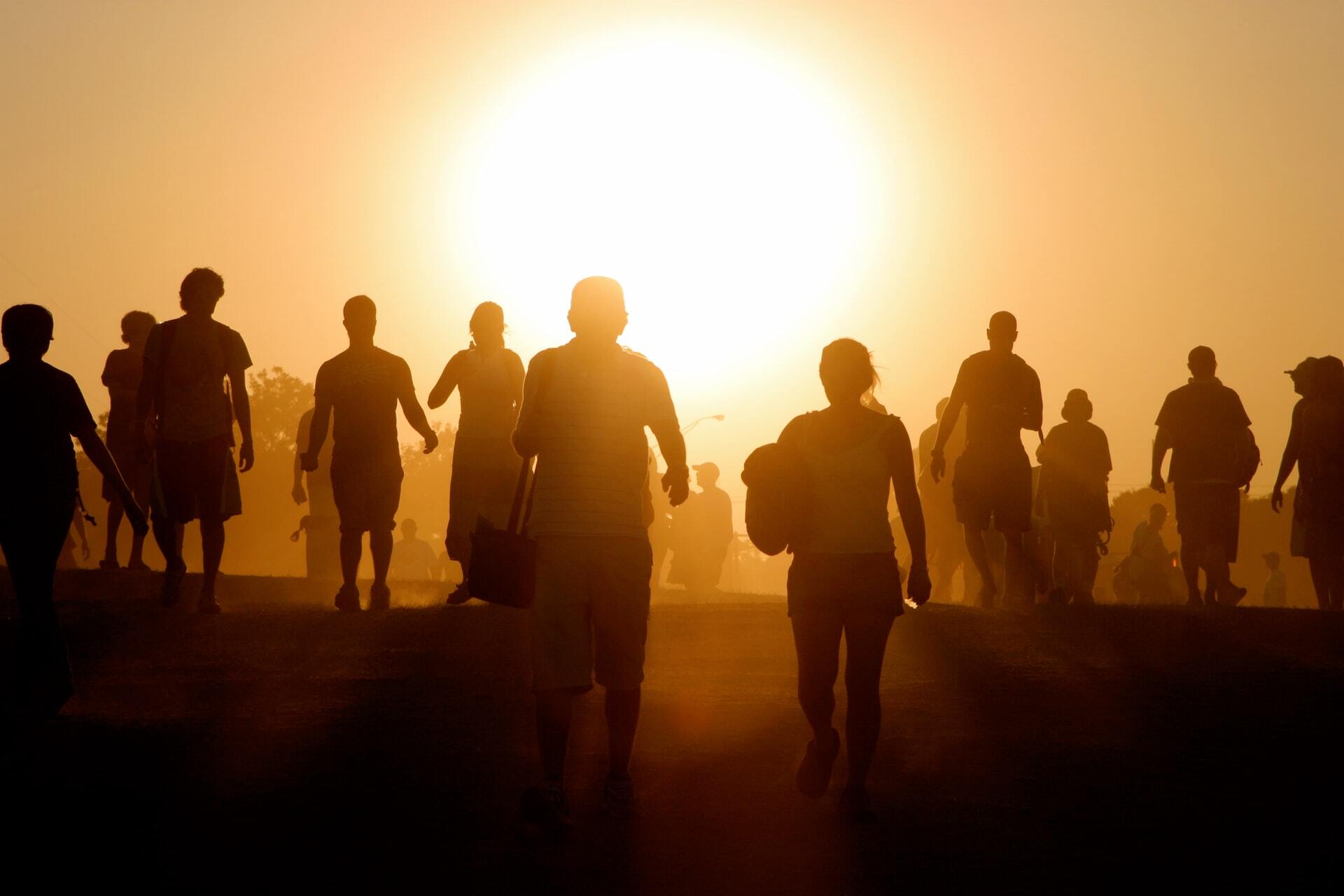 Around eighteen people, silhouetted against a huge, bright sun, setting in the distance, walking as one.