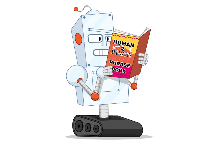 Robot reading a 'Human 2 Binary Phrase Book'