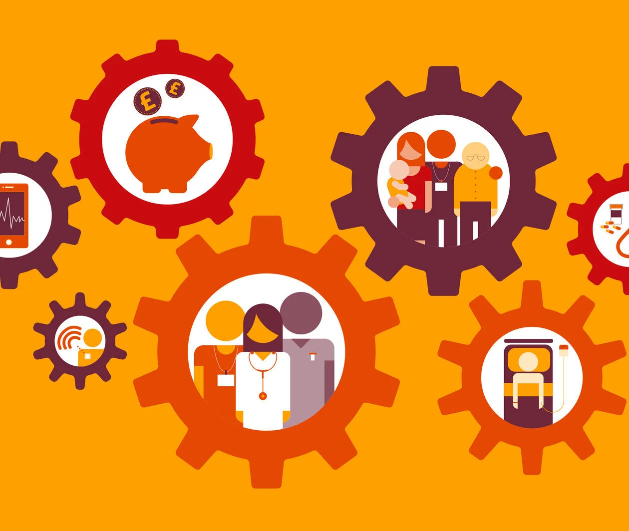 Illustration of cogs representing aspects of the NHS