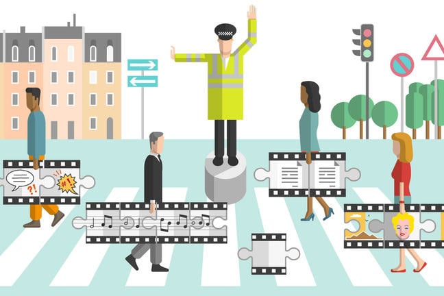 Policeman directing people carrying music, film, images, and written content, across a zebra crossing