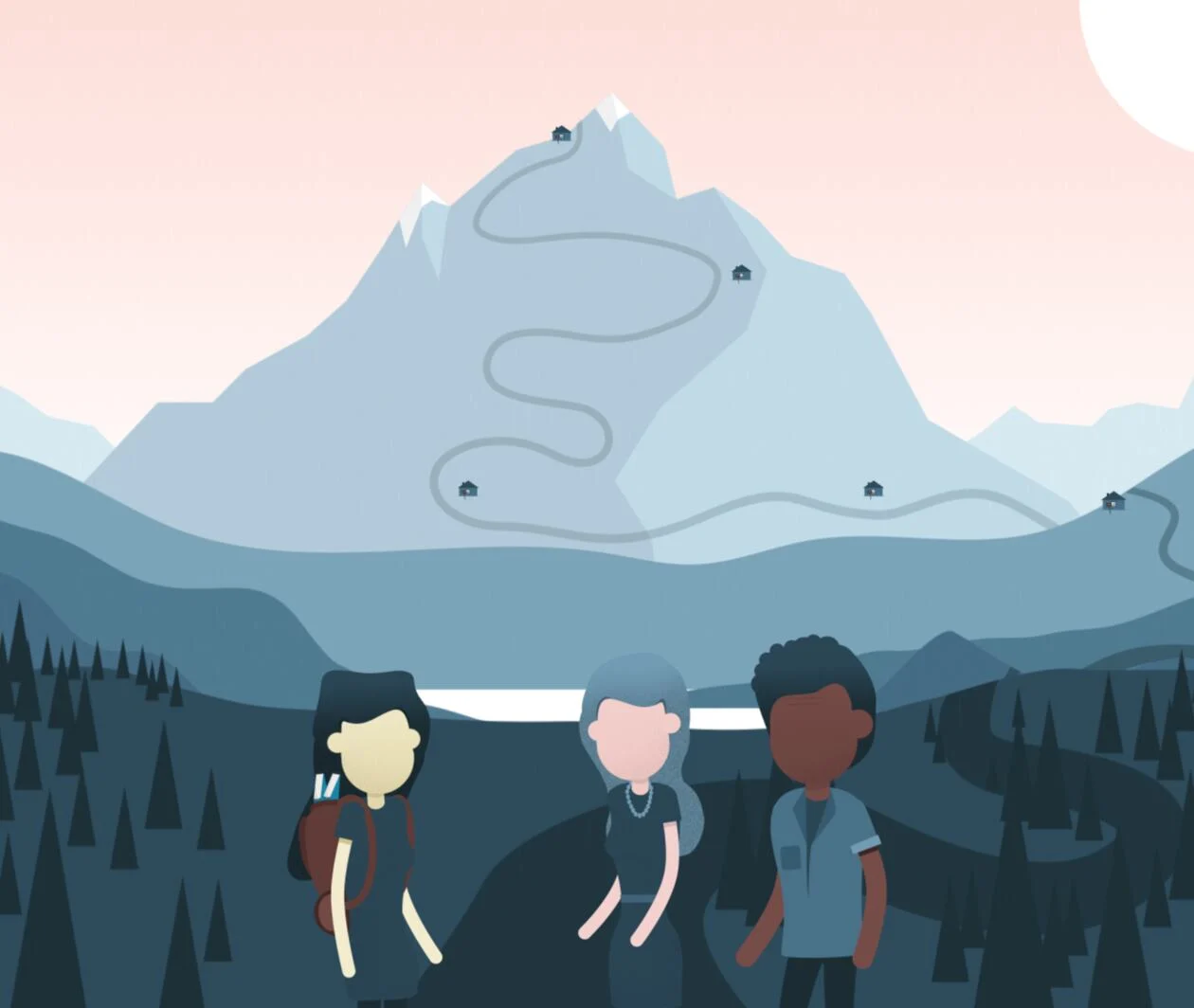 Graphic showing two PhD candidates and their supervisor with a mountain representing their shared journey in the background.