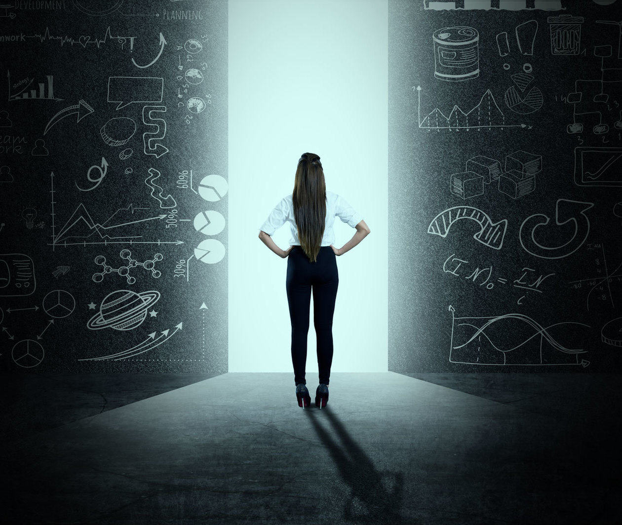 Woman standing between two blackboards with lots of illustrations