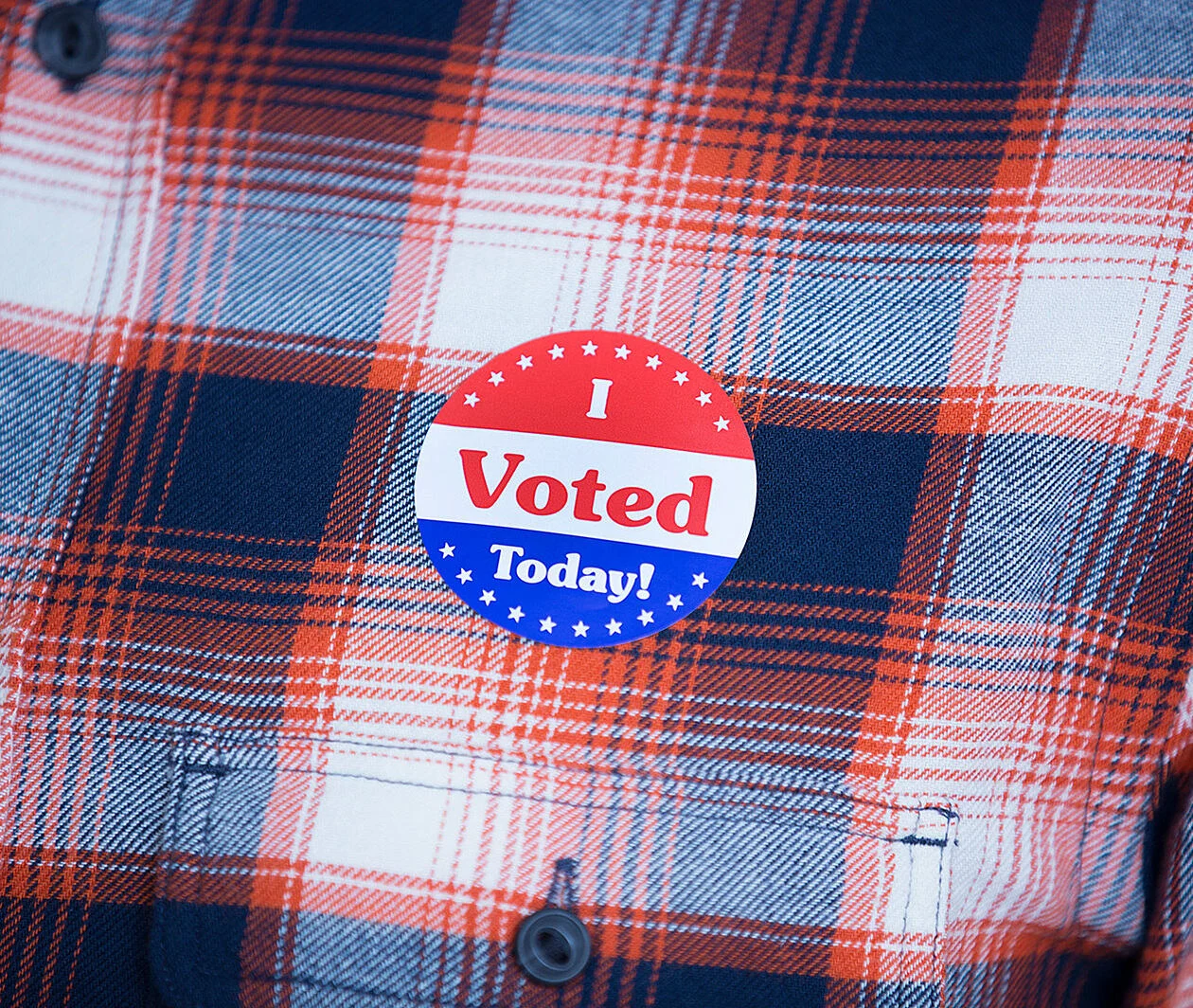 'I voted' badge on a shirt in close-up