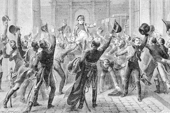Napoleon carried aloft on soldiers' shoulders on his return to Paris